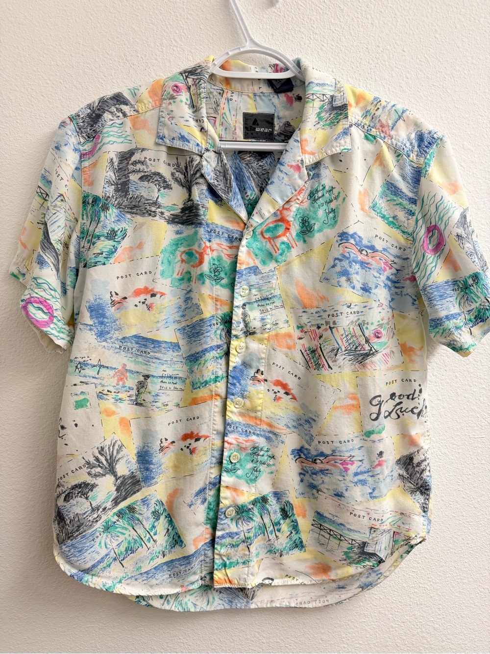 Vintage 90s LizWear Liz Claiborne Postcard Print rayon Hawaiian Camp Shirt Large